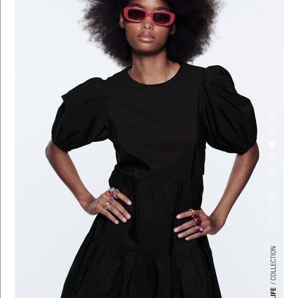 Zara black puff sleeve tiered poplin dress - Picture 3 of 6